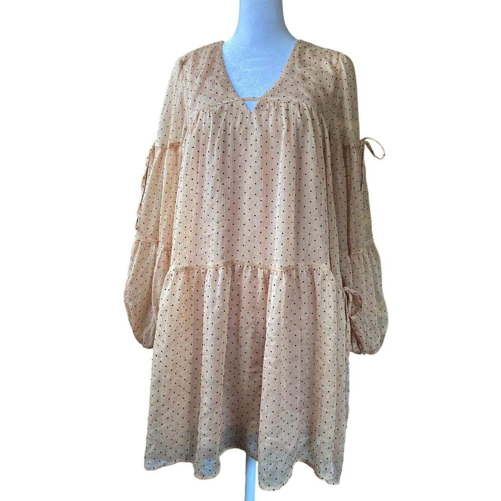 Moon River Polka Dot Sheer Tiered Tan Babydoll Mini Dress NWT Medium Femme Boho
